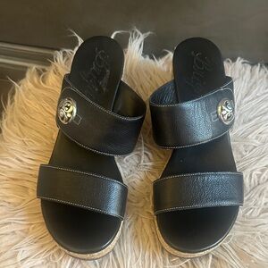 Brighton Black Leather Slide Sandals with Decorative Medallion